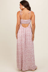 Pink Leaf Print Shoulder Strap Maternity Maxi Dress