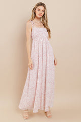 Pink Leaf Print Shoulder Strap Maternity Maxi Dress