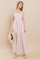 Pink Leaf Print Shoulder Strap Maxi Dress