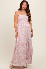 Pink Leaf Print Shoulder Strap Maternity Maxi Dress