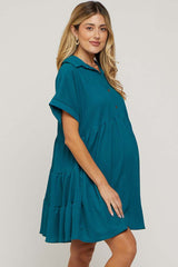 Teal Collared Button Front Short Sleeve Maternity Dress