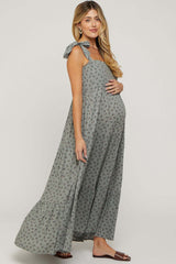 Sage Floral Shoulder Tie Maternity Maxi Dress