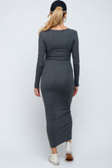 Charcoal Ribbed Fitted Long Sleeve Maternity Midi Dress