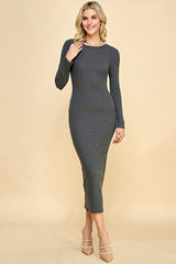 Charcoal Ribbed Fitted Long Sleeve Midi Dress