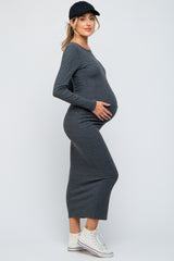 Charcoal Ribbed Fitted Long Sleeve Maternity Midi Dress