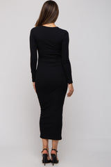 Black Ribbed Fitted Long Sleeve Maternity Midi Dress