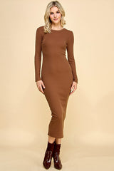 Brown Ribbed Fitted Long Sleeve Midi Dress