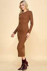 Brown Ribbed Fitted Long Sleeve Midi Dress