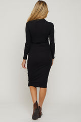 Black Ribbed Mock Neck Button Side Slit Maternity Midi Dress