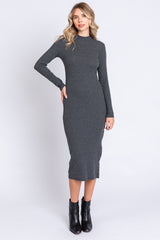 Charcoal Ribbed Mock Neck Button Side Slit Midi Dress