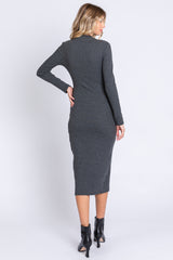 Charcoal Ribbed Mock Neck Button Side Slit Midi Dress