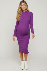 Purple Ribbed Mock Neck Button Side Slit Maternity Midi Dress