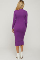 Purple Ribbed Mock Neck Button Side Slit Maternity Midi Dress