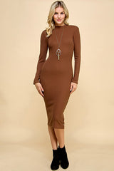 Brown Ribbed Mock Neck Button Side Slit Maternity Midi Dress