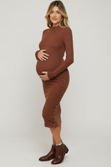 Brown Ribbed Mock Neck Button Side Slit Maternity Midi Dress