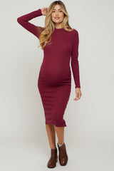 Burgundy Ribbed Mock Neck Button Side Slit Maternity Midi Dress