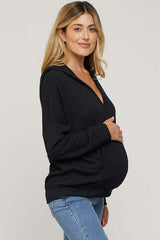 Black Ribbed Hooded Wrap Long Sleeve Maternity Top