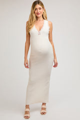 Ivory Ribbed Lace Flower Accent Maternity Maxi Dress