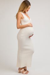 Ivory Ribbed Lace Flower Accent Maternity Maxi Dress