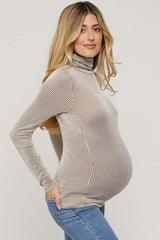 Camel Ribbed Maternity Turtleneck Top