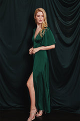 Hunter Green Satin Flutter Sleeve Plunging Maxi Dress