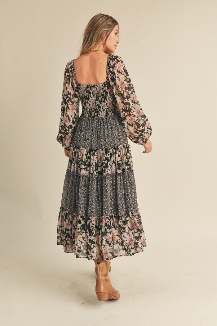 Black Floral Mixed Patchwork Print Ruffle Trim Midi Dress