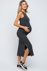 Charcoal Ribbed Maternity Side Slit Tank Dress