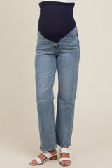 Blue Raw Hem Distressed Maternity Straight Leg Jeans