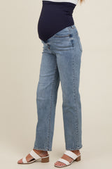 Blue Raw Hem Distressed Maternity Straight Leg Jeans