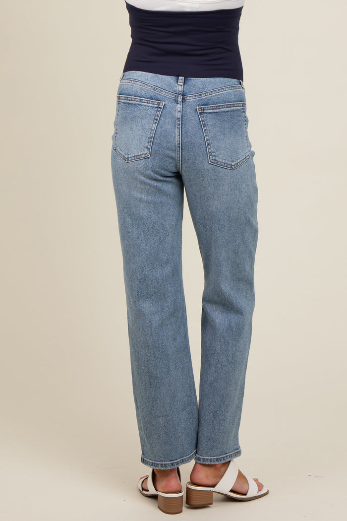 Blue Raw Hem Distressed Maternity Straight Leg Jeans