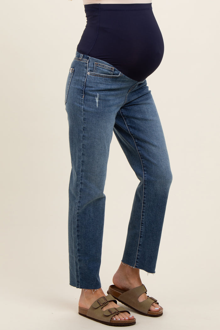 Blue Raw Edge Straight Crop Maternity Jeans