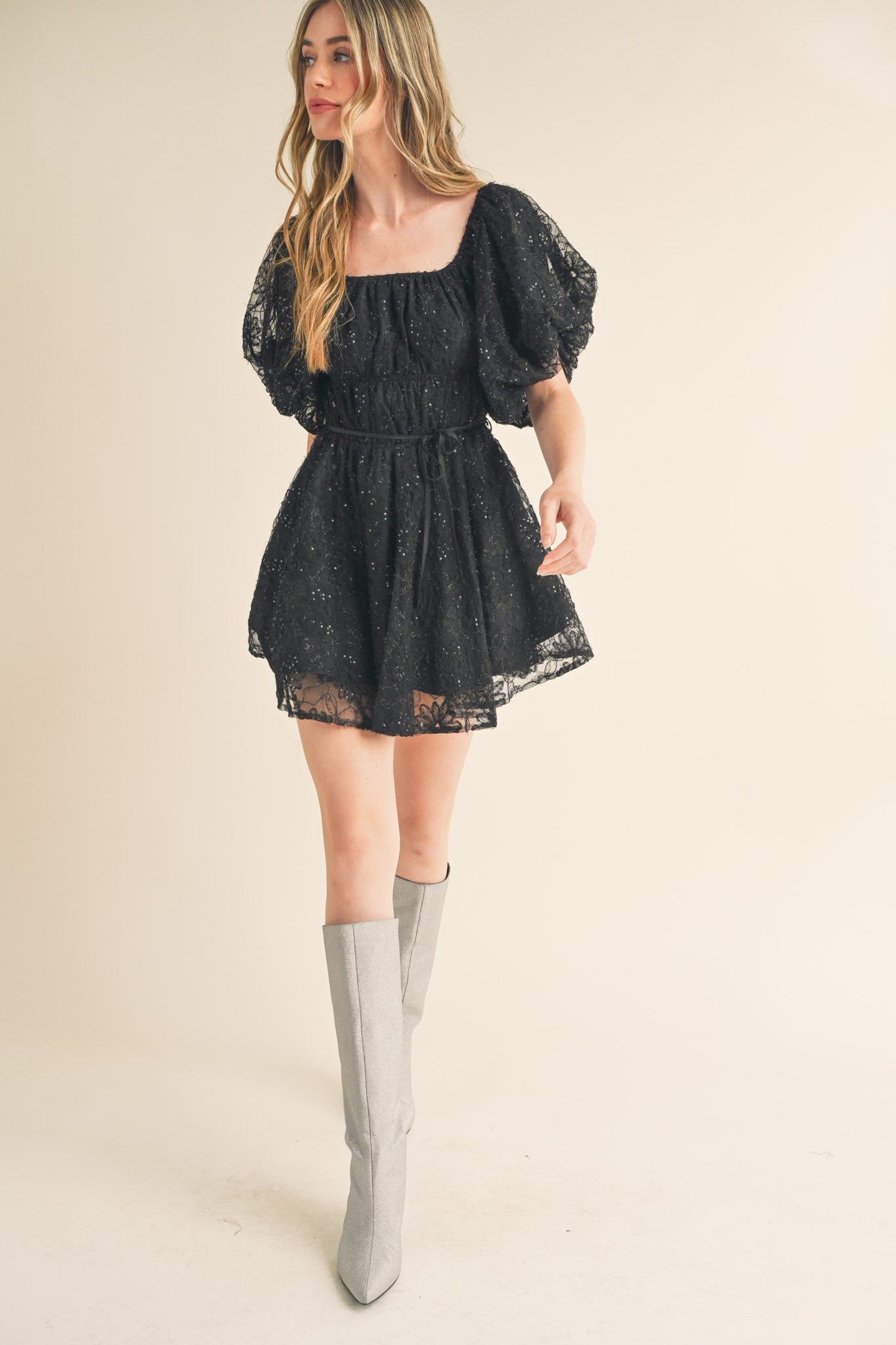 Black Sequined Lace Flared Mini Dress
