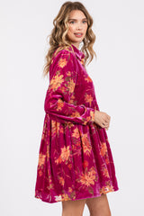 Magenta Velvet Floral Burnout Button Front Long Sleeve Dress