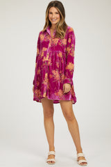 Magenta Velvet Floral Burnout Button Front Long Sleeve Maternity Dress