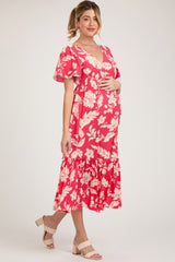 Red Tropical Print Ruffle Maternity Midi Dress