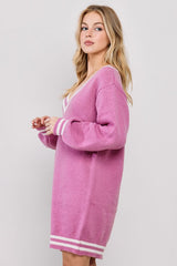 Mauve Oversized Varsity Striped V-Neck Sweater Dress