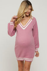 Mauve Oversized Varsity Striped V-Neck Maternity Sweater Dress