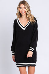 Black Oversized Varsity Striped V-Neck Sweater Dress