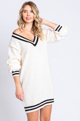 Ivory Oversized Varsity Striped V-Neck Sweater Dress