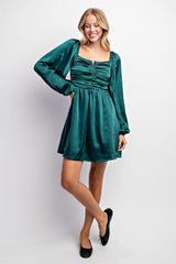 Hunter Green Pleated Bubble Sleeve Satin Mini Dress