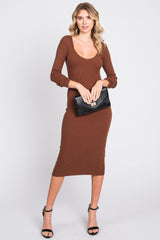 Brown Ribbed Long Sleeve Maternity Midi Dress