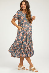 Blue Floral Ruffle Short Sleeve Tiered Maternity Midi Dress