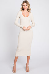 Cream Ribbed Long Sleeve Maternity Midi Dress