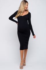 Black Ribbed Long Sleeve Maternity Midi Dress