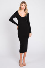 Black Ribbed Long Sleeve Maternity Midi Dress