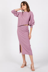 Mauve Knit Long Sleeve Crop Top Midi Skirt Set