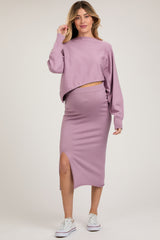 Mauve Knit Long Sleeve Crop Top Maternity Midi Skirt Set