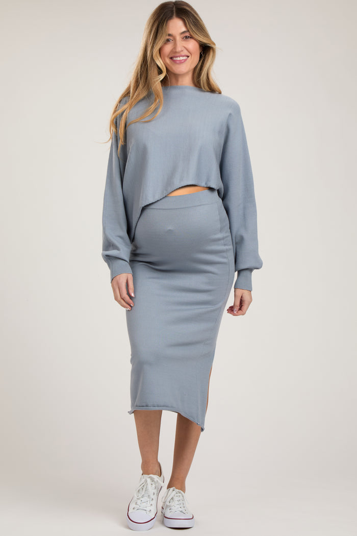 Light Blue Long Sleeve Crop Top Maternity Midi Skirt Set