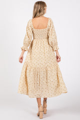 Beige Floral Square Neck Smocked Fringe Midi Dress