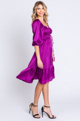 Plum Satin Smocked Ruffle Hem Dress